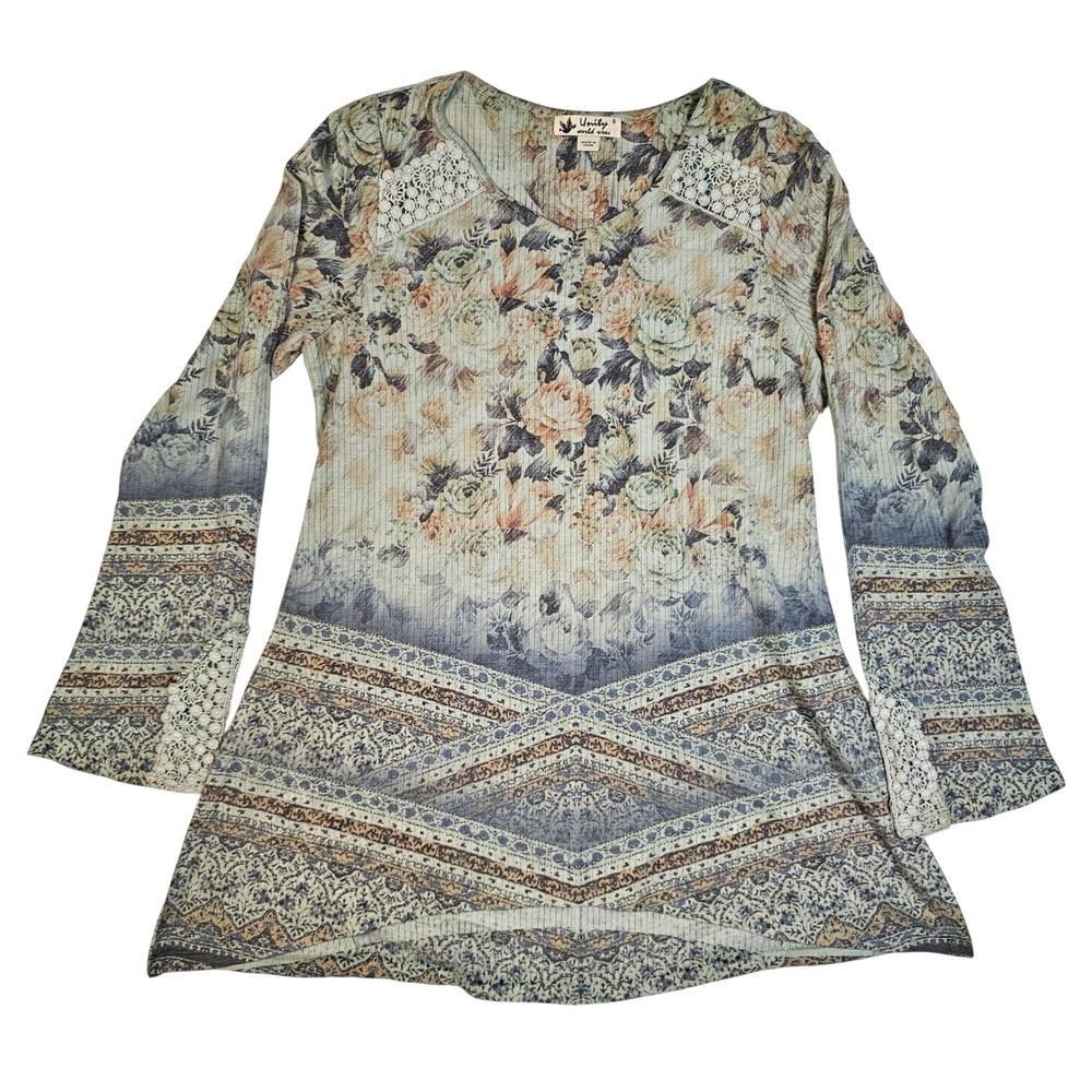 Unity World Wear Floral Boho Lace V-Neck Bell Sleeve Ribbed Knit Top Small